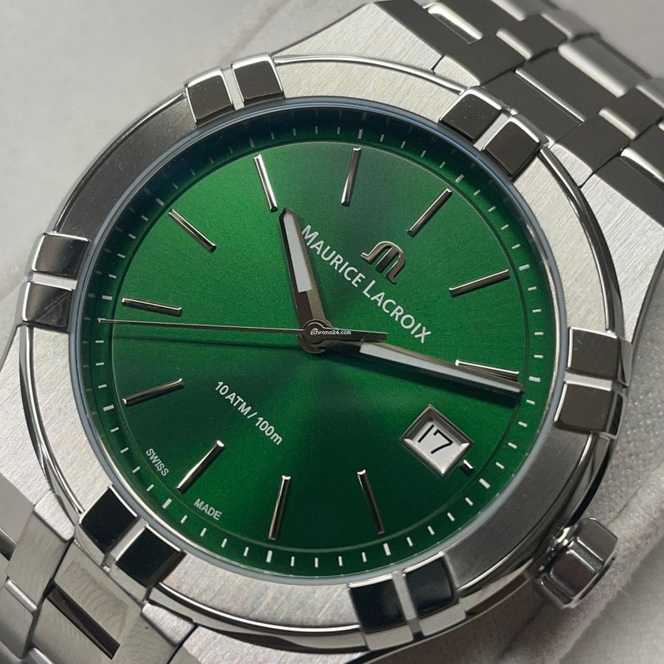 Maurice Lacroix Aikon Date Quartz Green Dial Silver Steel Strap Watch for Men - AI1108-SS002-630-1 Watches Maurice Lacroix   