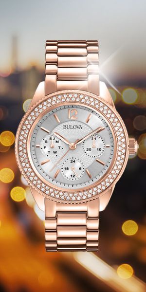 Bulova Crystal Silver Dial Rose Gold Steel Strap Watch for Women - 97N101 Watches Bulova   