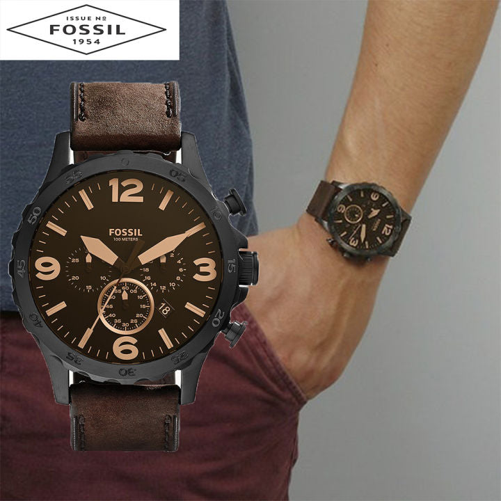 Fossil Nate Chronograph Brown Dial Brown Leather Strap Watch for Men - JR1487 Watches Fossil   