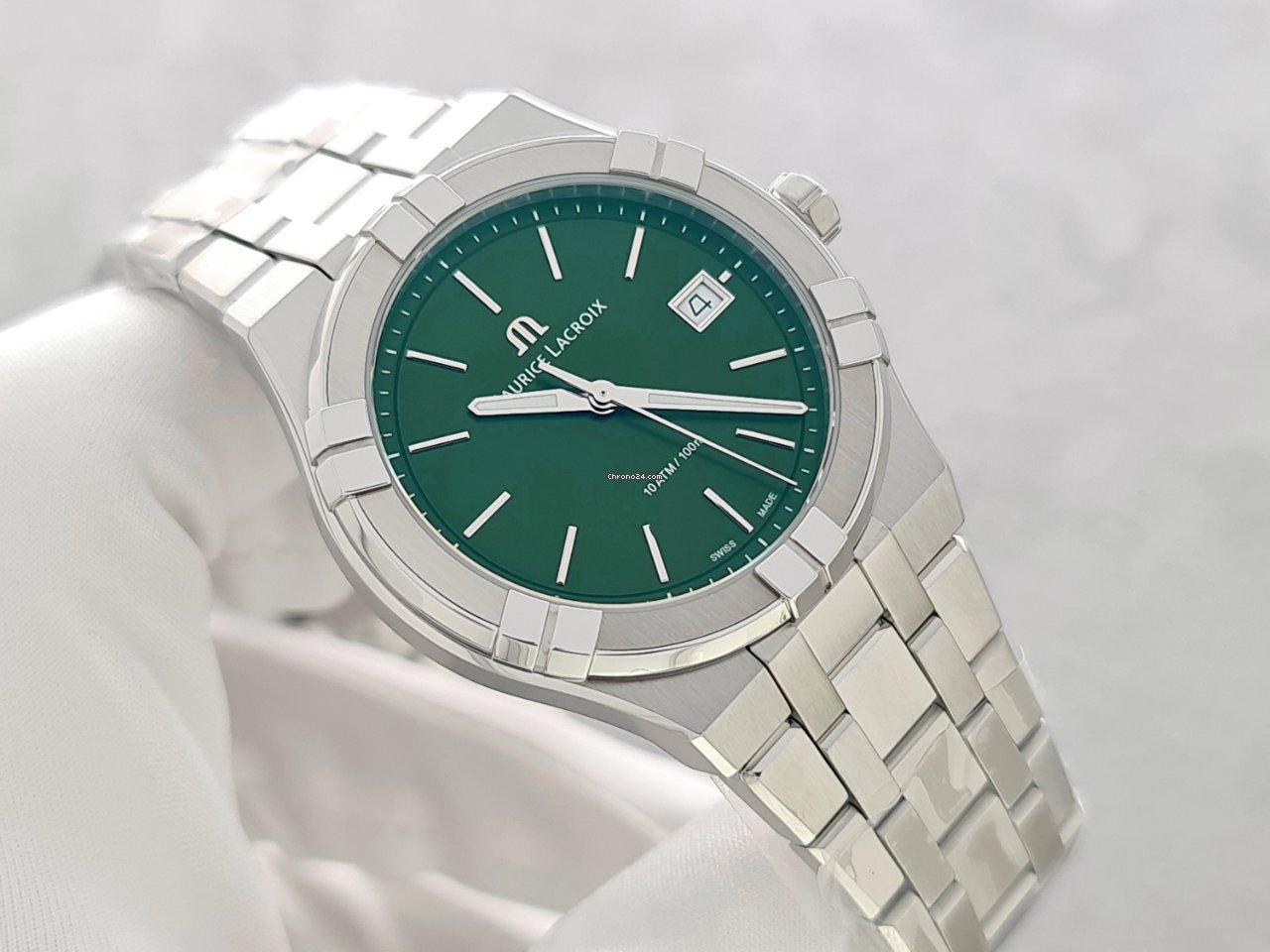 Maurice Lacroix Aikon Date Quartz Green Dial Silver Steel Strap Watch for Men - AI1108-SS002-630-1 Watches Maurice Lacroix   