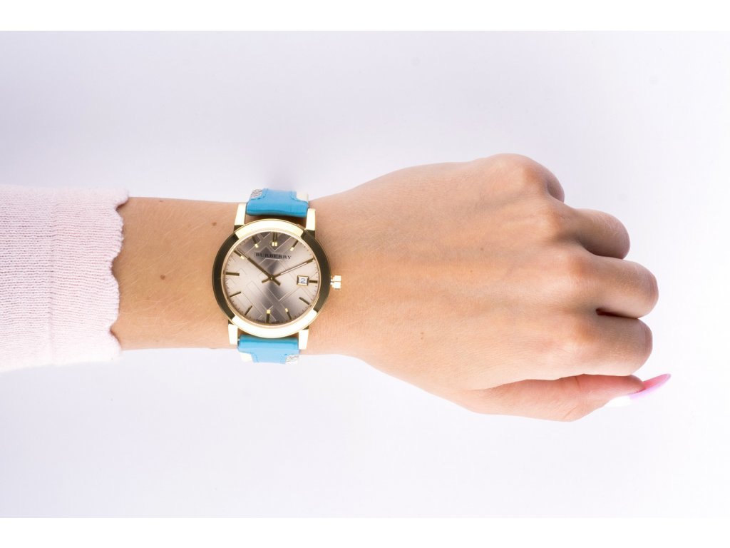 Burberry The City Gold Dial Turquoise Leather Strap Watch for Women - BU9018 Watches Burberry   