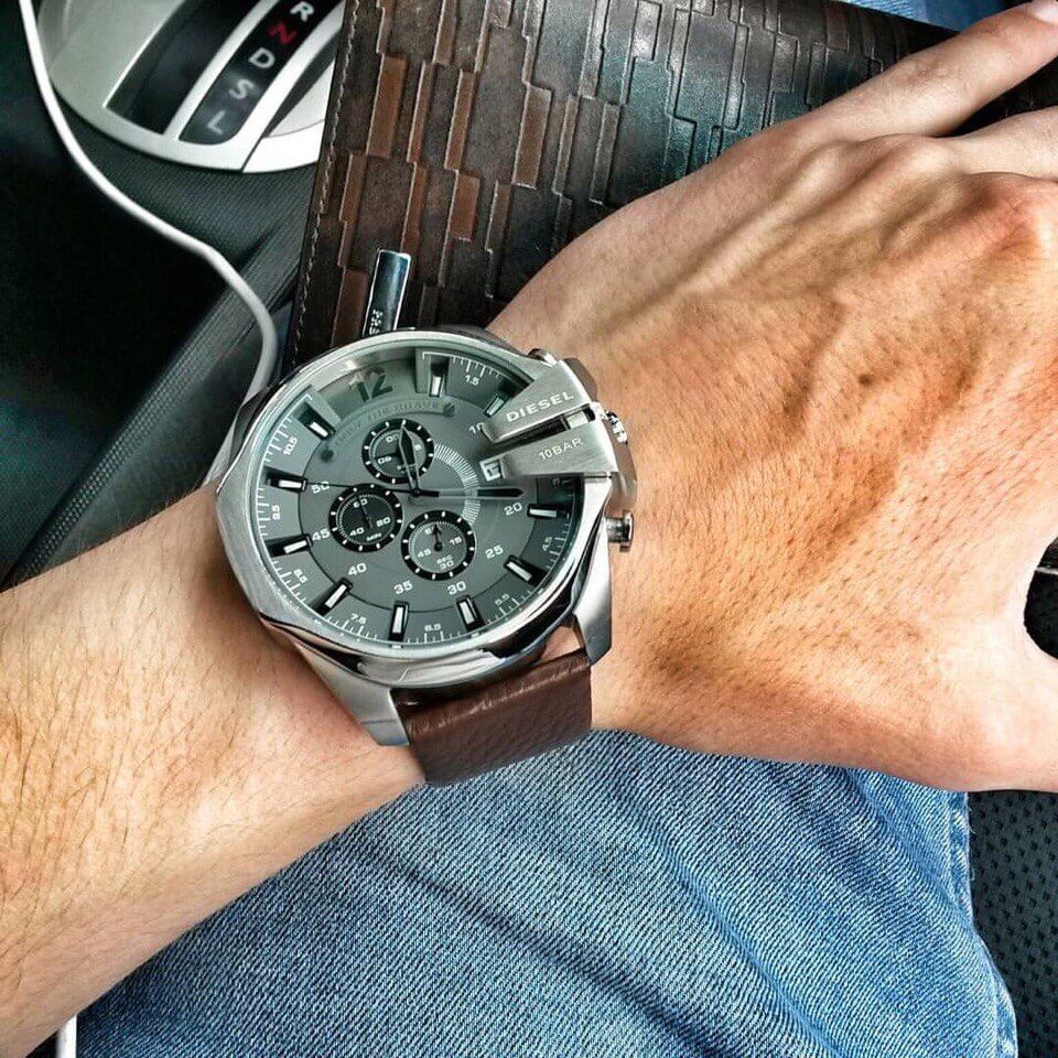 Diesel Mega Chief Black & Silver Round Dial Brown Leather Watch For Men - DZ4290 Watches Diesel   