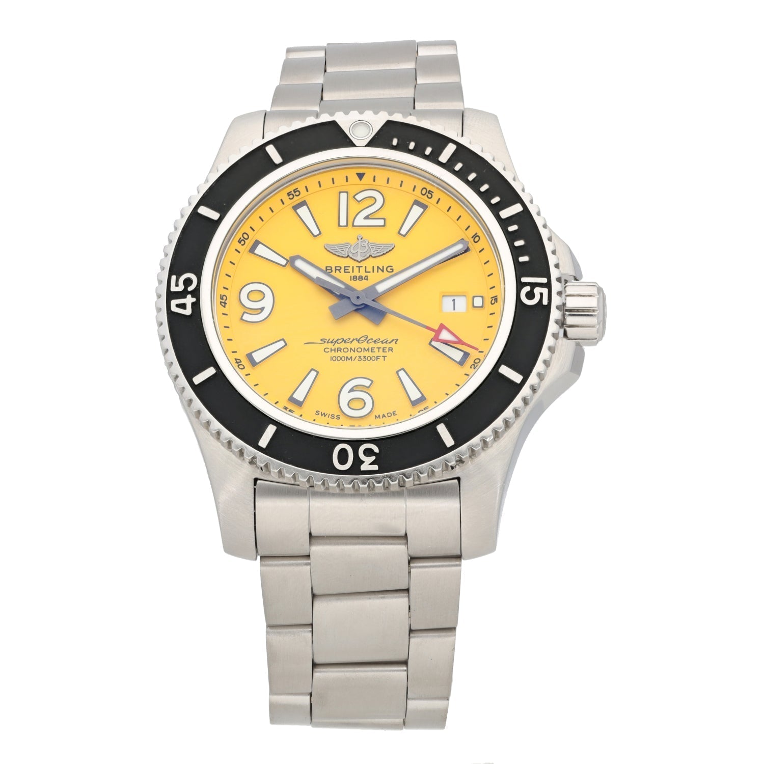 Breitling Superocean II Automatic 44mm Yellow Dial Silver Steel Strap Watch for Men - A17367021I1A1 Watches Breitling   