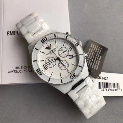 Emporio Armani Ceramic Chronograph White Dial White Ceramic Strap Watch For Men - AR1424 Watches Emporio Armani   