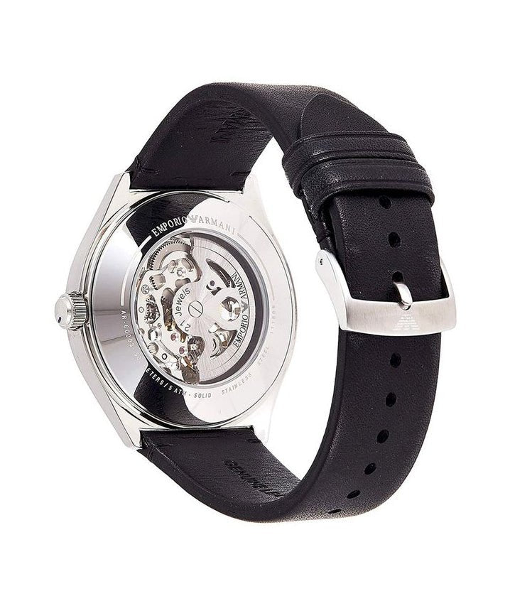 Emporio Armani Meccanico White Skeleton Dial Black Leather Strap Watch For Men - AR60003 Watches Emporio Armani   