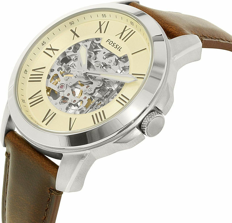 Fossil Grant Automatic Beige Skeleton Dial Brown Leather Strap Watch for Men - ME3099 Watches Fossil   