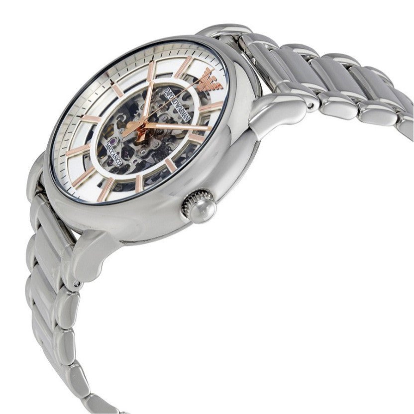 Emporio Armani Meccanico Silver Skeleton Dial Stainless Steel Watch For Men - AR1980 Watches Emporio Armani   