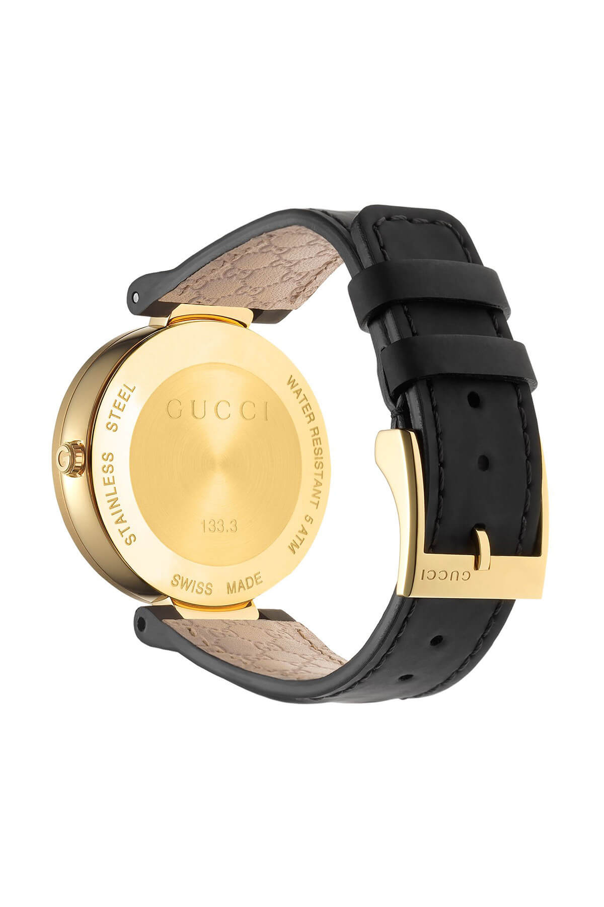 Gucci Interlocking G Gold Black Dial Black Leather Strap Unisex Watch - YA133326 Watches Gucci   