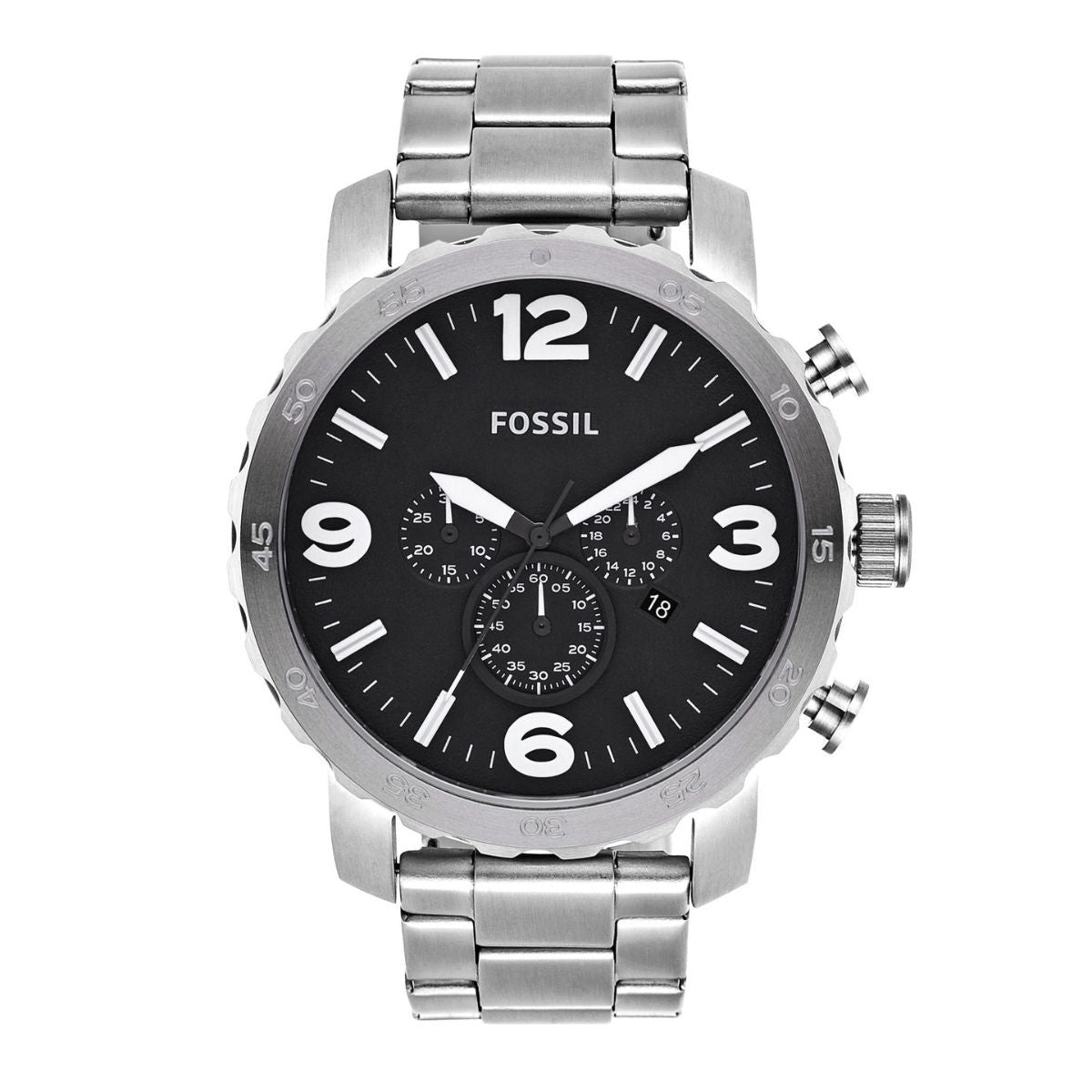 Fossil Nate Chronograph Black Dial Silver Steel Strap Watch for Men - JR1353 Watches Fossil   