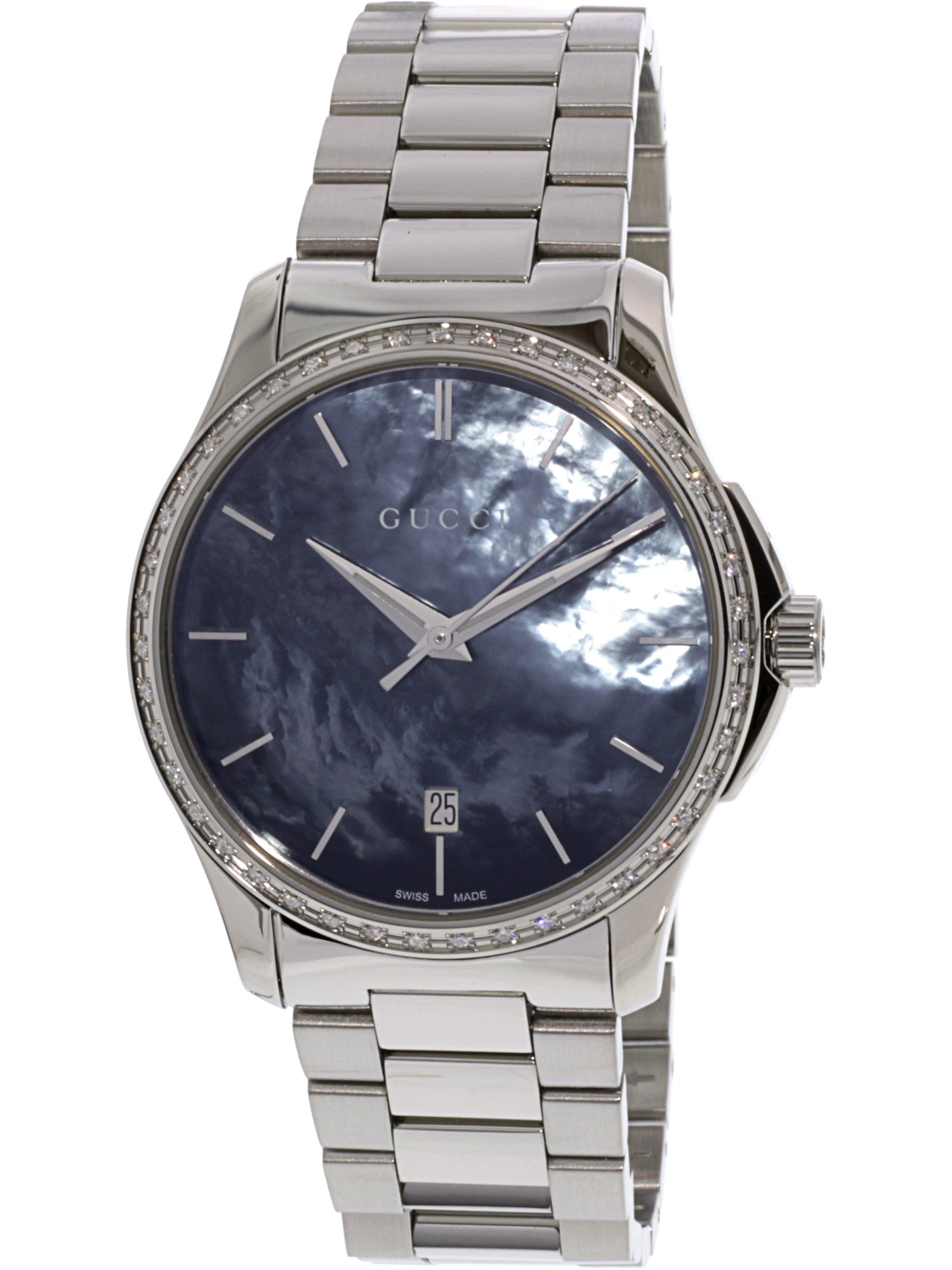 Gucci G Timeless Diamonds Mother of Pearl Blue Dial Silver Steel Strap Unisex Watch - YA126458 Watches Gucci   