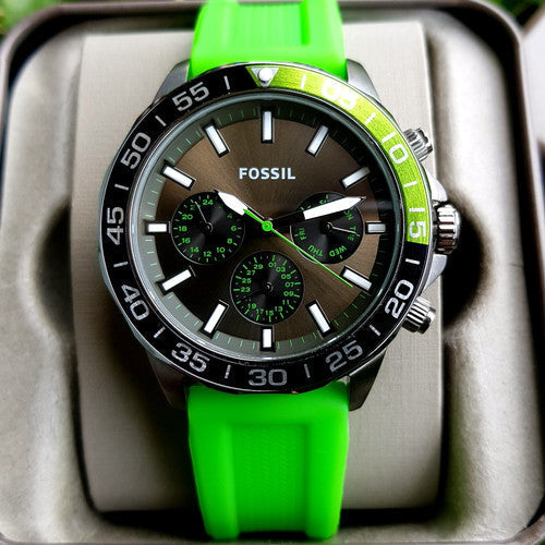 Fossil Bannon Chronograph Grey Dial Green Silicone Strap Watch for Men - BQ2501 Watches Fossil   