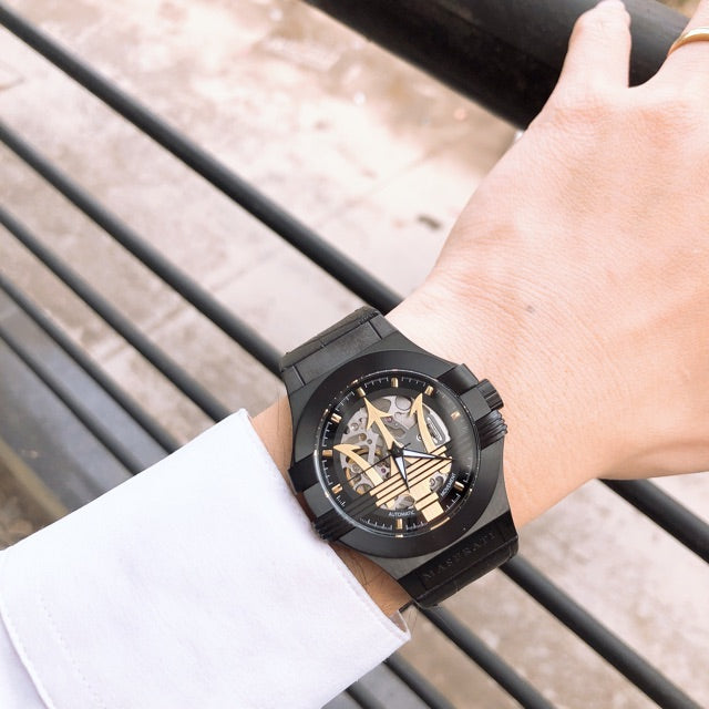 Maserati Potenza Skeleton Limited Edition Black Dial Black Leather Strap Watch For Men - R8821108027 Watches Maserati   