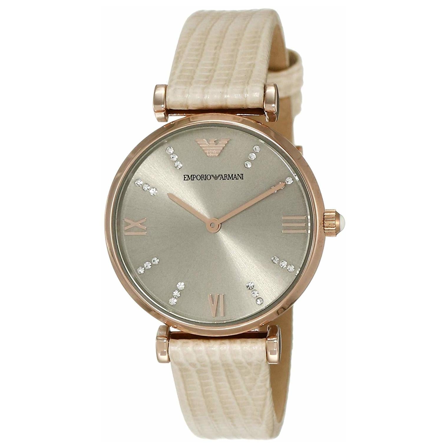 Emporio Armani Gianni T Bar Gunmetal Dial Beige Leather Strap Watch For Women - AR1681 Watches Emporio Armani   