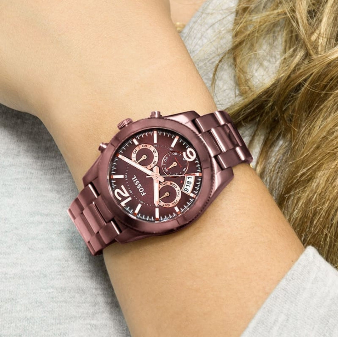 Fossil Perfect Boyfriend Multifunction Maroon Dial Maroon Steel Strap Watch for Women - ES4110 Watches Fossil   