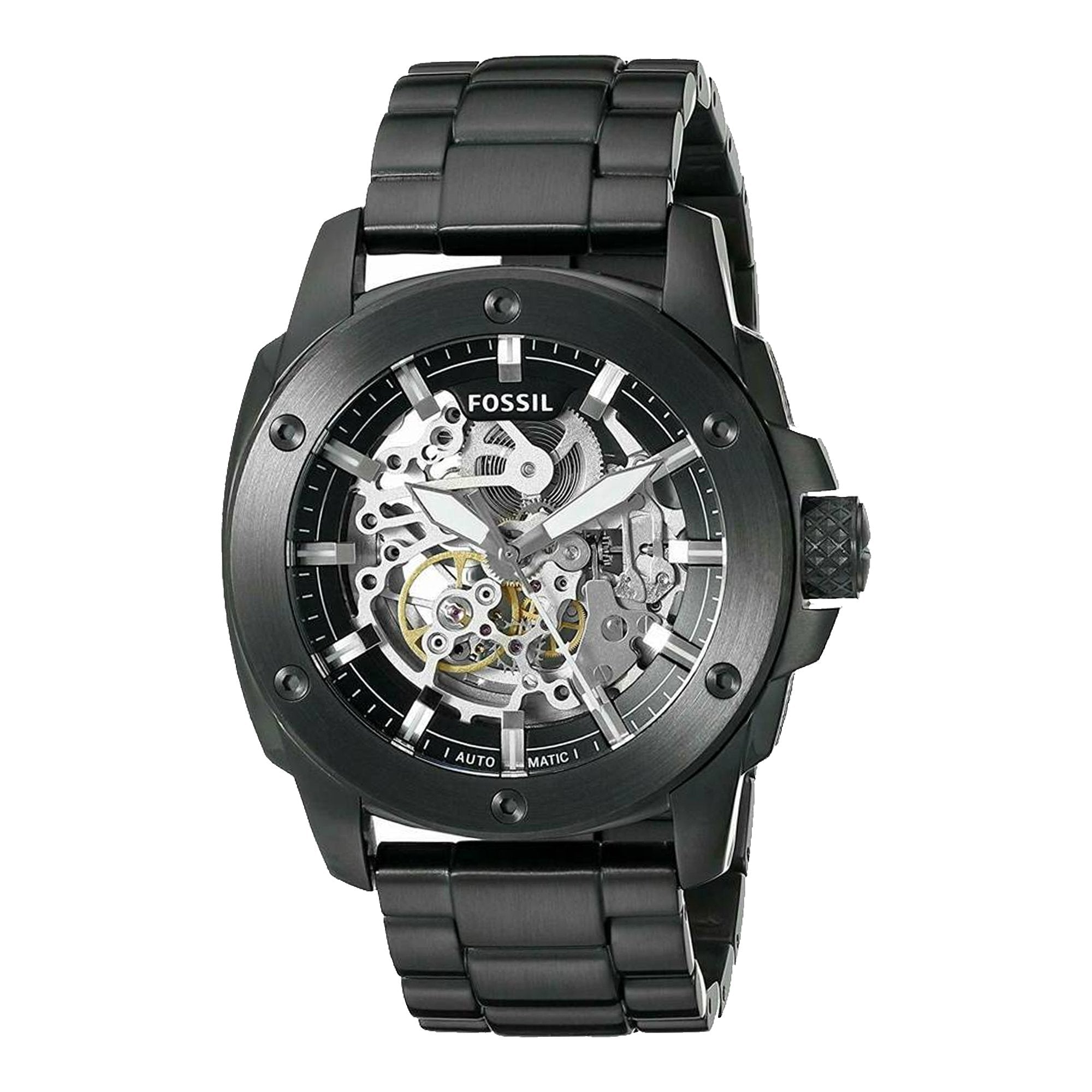 Fossil Modern Machine Automatic Silver Dial Black Steel Strap Watch for Men - ME3080 Watches Fossil   