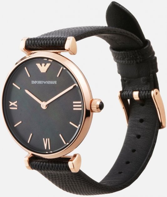 Emporio Armani Gianni T Bar Black Mother of Pearl Dial Black Leather Strap Watch For Women - AR11060 Watches Emporio Armani   