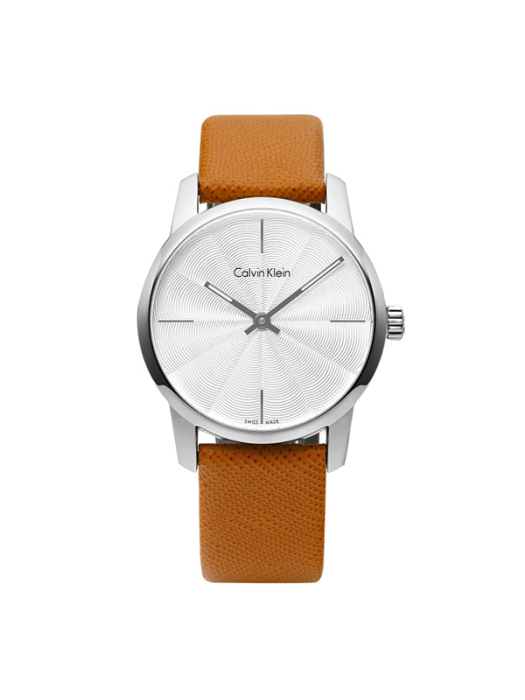 Calvin Klein City Silver Dial Orange Leather Strap Watch for Women - K2G231G6 Watches Calvin Klein   