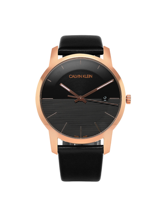 Calvin Klein City Quartz Black Dial Black Leather Strap Watch for Men - K2G2G6CZ Watches Calvin Klein   