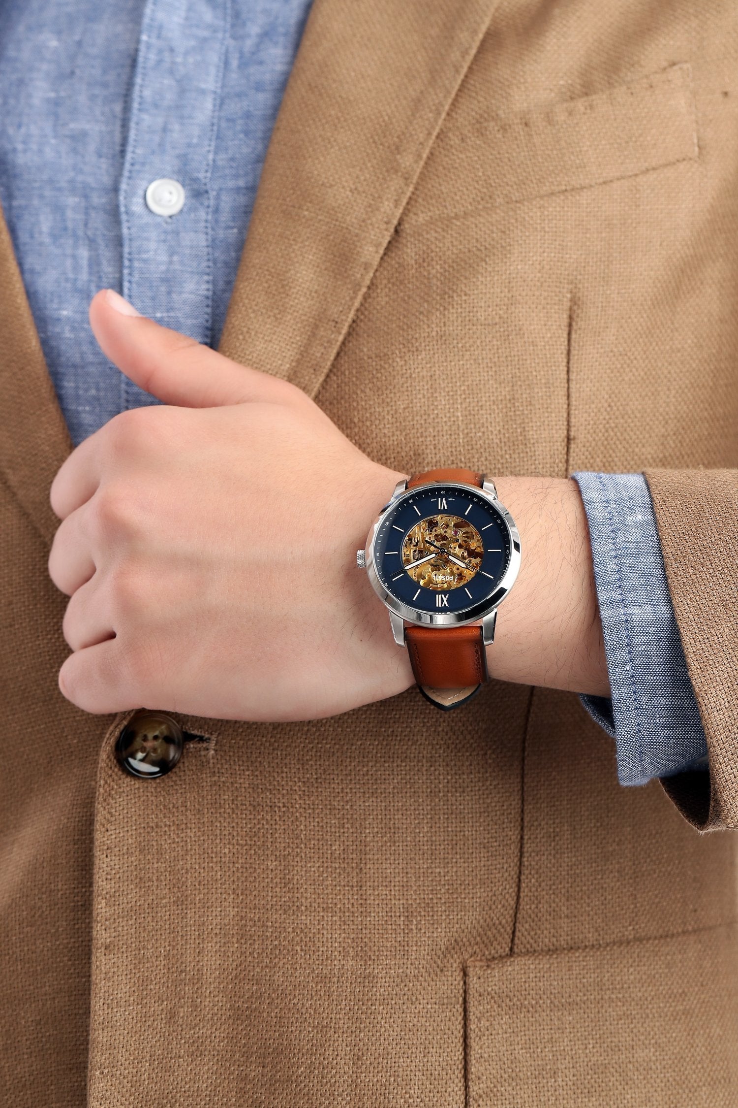 Fossil Commuter Automatic Skeleton Blue Dial Brown Leather Strap Watch for Men - ME3159 Watches Fossil   