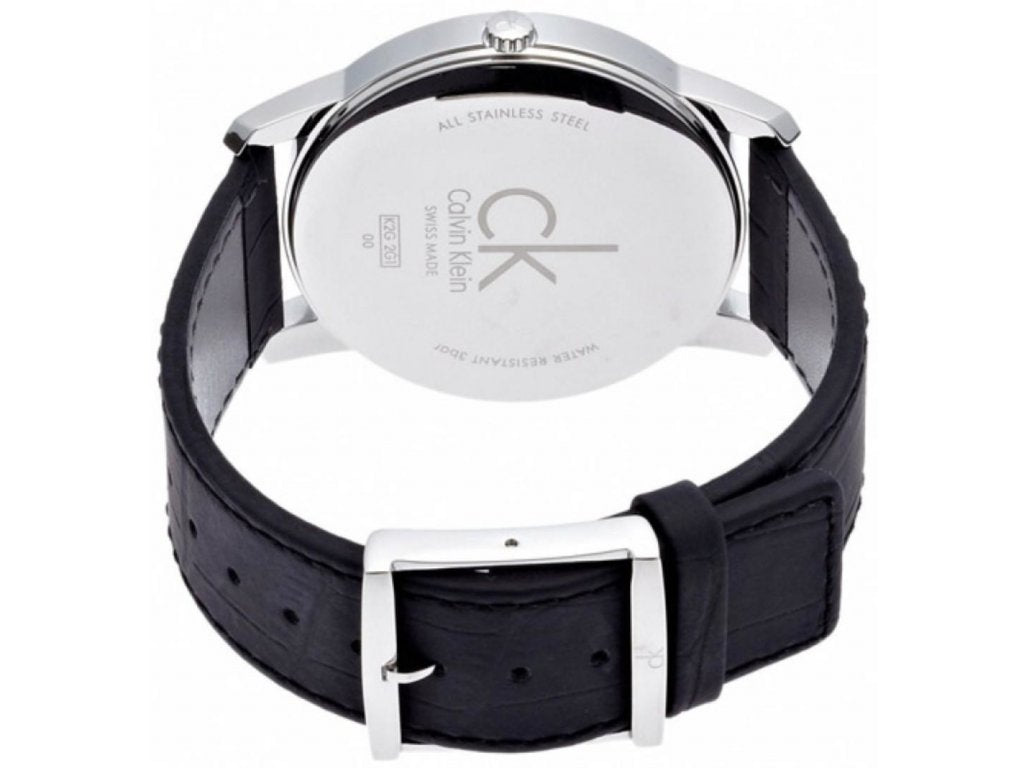 Calvin Klein City Date Silver Dial Black Leather Strap Watch for Men - K2G2G1C6 Watches Calvin Klein   