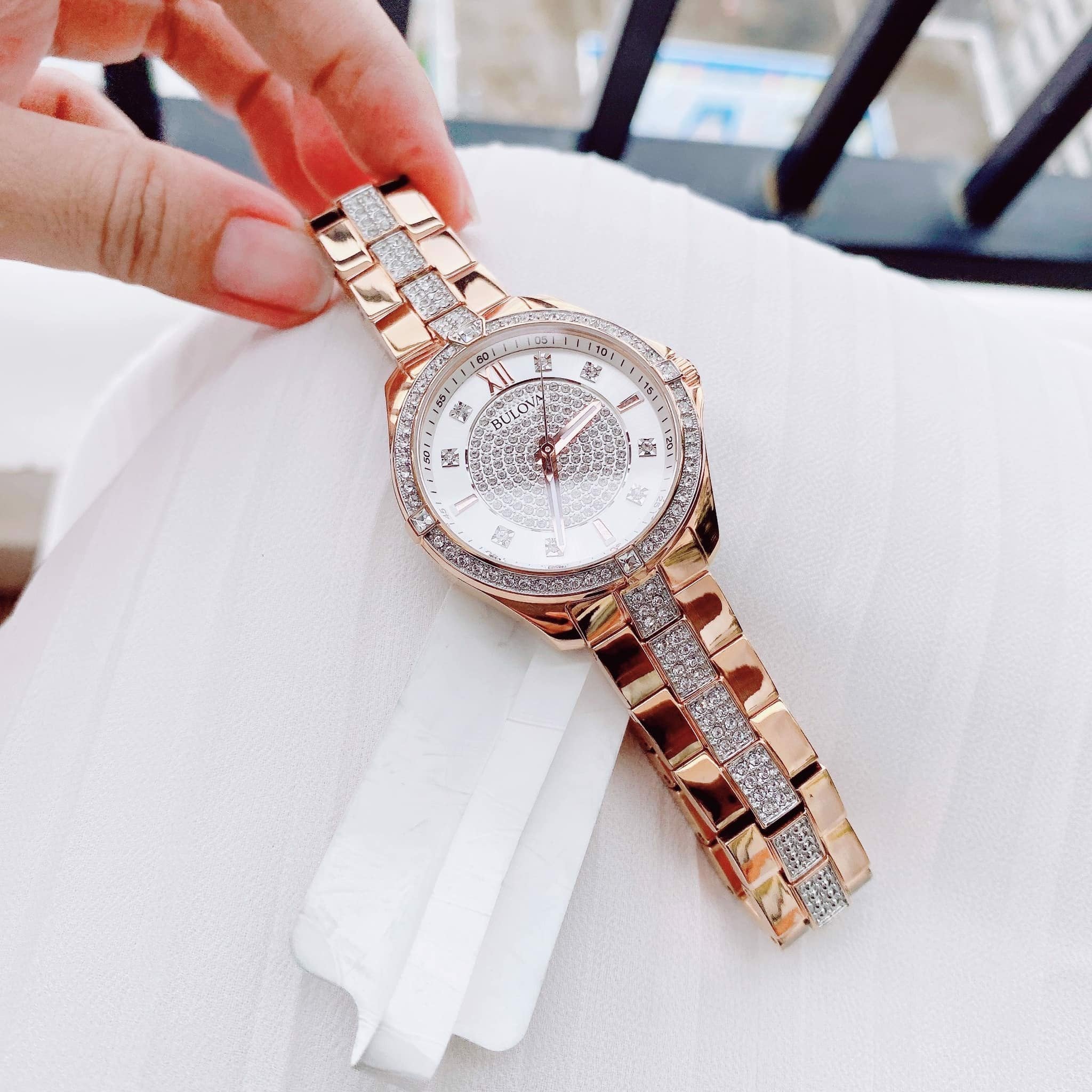 Bulova Crystal Collection Silver Dial Rose Gold Steel Strap Watch for Women - 98L229 Watches Bulova   