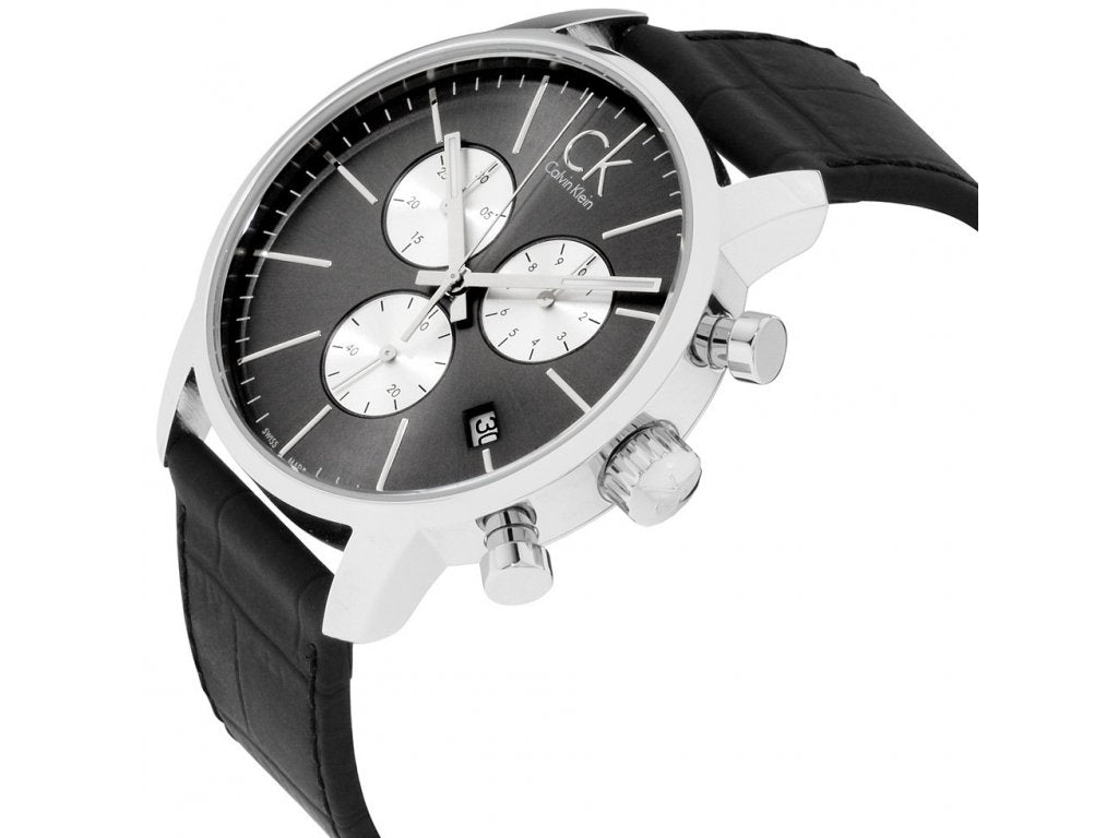 Calvin Klein City Chronograph Black Dial Black Leather Strap Watch for Men - K2G271CX Watches Calvin Klein   