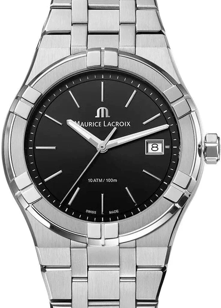 Maurice Lacroix Aikon Date Quartz Black Dial Silver Steel Strap Watch for Men - AI1108-SS002-330-1 Watches Maurice Lacroix   