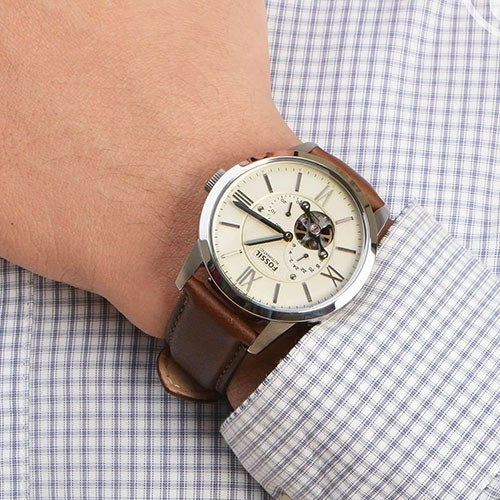 Fossil Townsman Automatic White Dial Brown Leather Strap Watch for Men - ME3064 Watches Fossil   