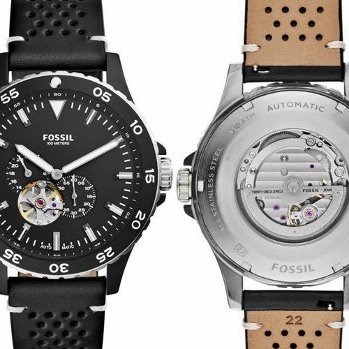 Fossil Crewmaster Sports Automatic Black Dial Black Leather Strap Watch for Men - ME3148 Watches Fossil   