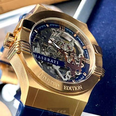 Maserati Automatic Skeleton Dial Rose Gold Blue Leather Strap Watch For Men - R8821108022 Watches Maserati   