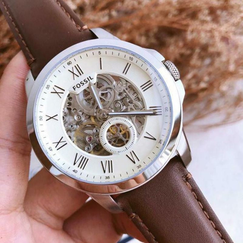 Fossil Grant Automatic White Dial Brown Leather Strap Watch for Men - ME3052 Watches Fossil   