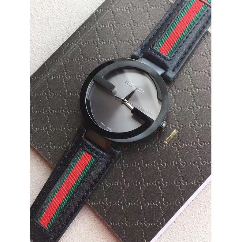 Gucci Interlocking XL Black Dial Red & Green Leather Strap Watch For Men - YA133206 Watches Gucci   