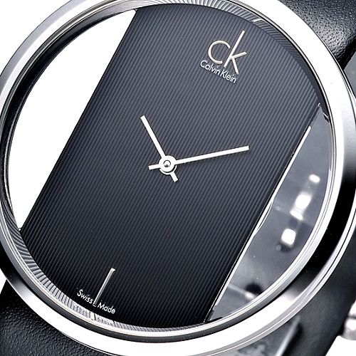 Calvin Klein Glam Transparent Dial Black Leather Strap Watch for Women - K9423107 Watches Calvin Klein   