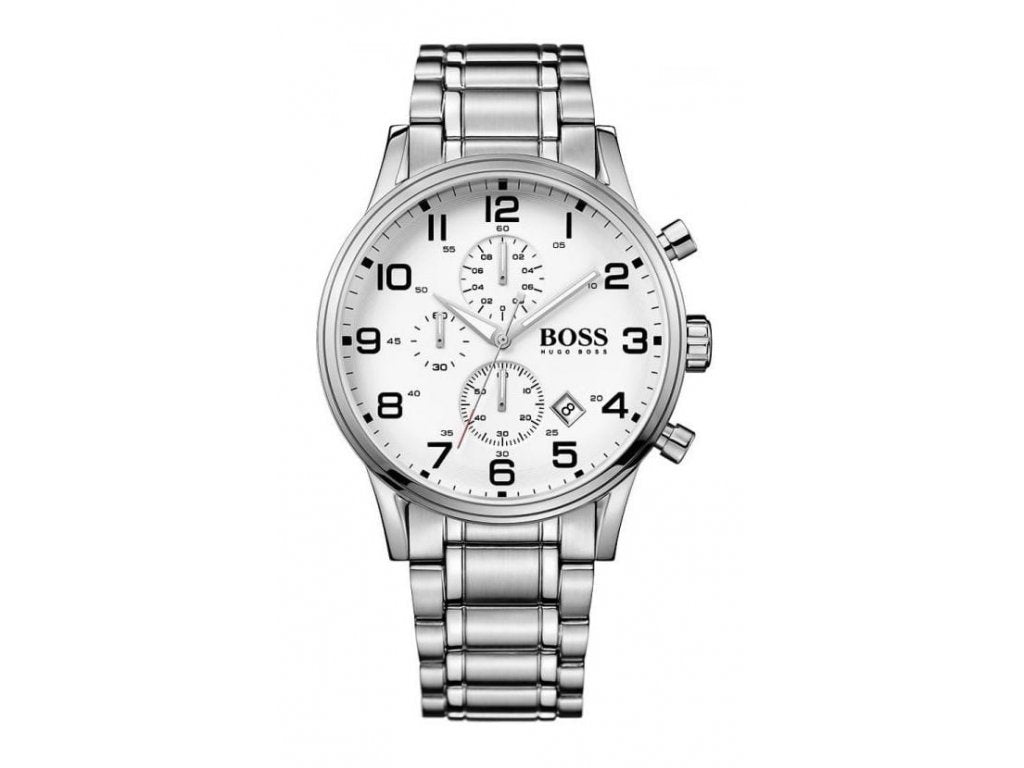 Hugo Boss Aeroliner Chronograph White Dial Silver Steel Strap Watch for Men - 1513182 Watches Hugo Boss   