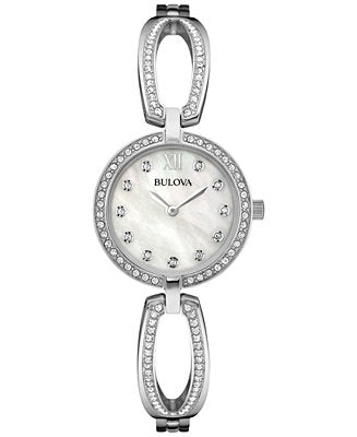 Bulova Crystal Collection Mother of Pearl Dial Silver Steel Strap Watch for Women - 96L223 Watches Bulova   