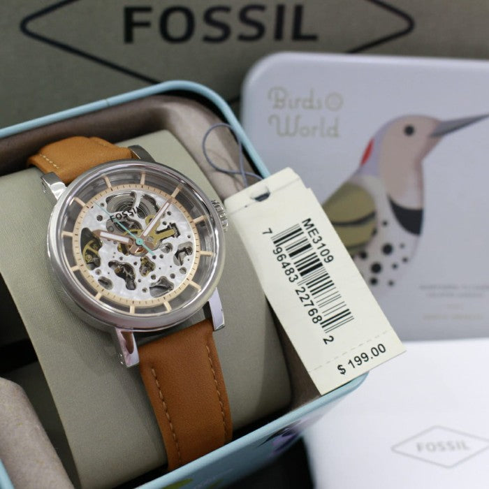 Fossil Boyfriend Automatic Skeleton Silver Dial Brown Leather Strap Watch for Women - ME3109 Watches Fossil   