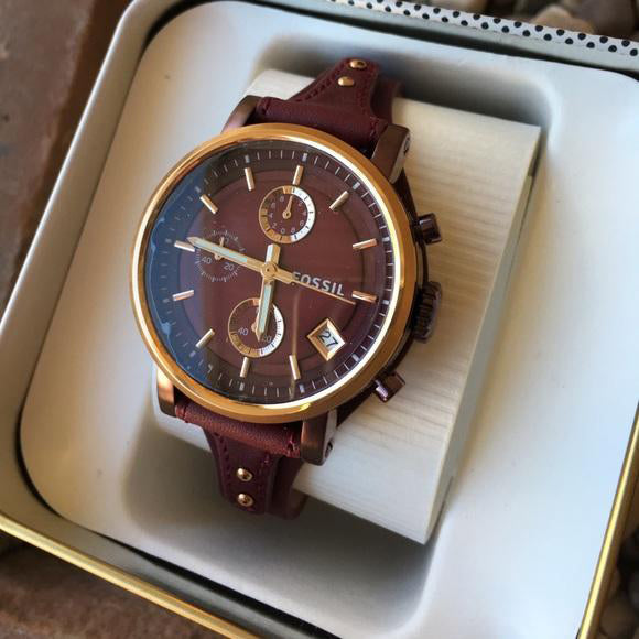 Fossil Original Boyfriend Sport Chronograph Maroon Dial Maroon Leather Strap Watch for Women - ES4114 Watches Fossil   