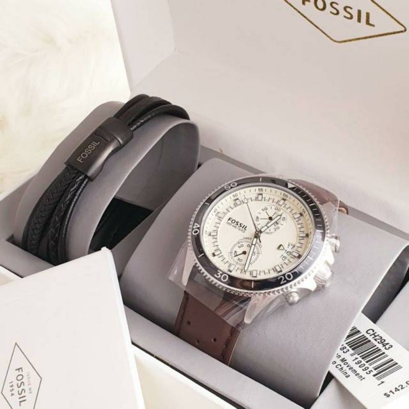 Fossil Wakefield Chronograph White Dial Brown Leather Strap Watch for Men - CH2943 Watches Fossil   