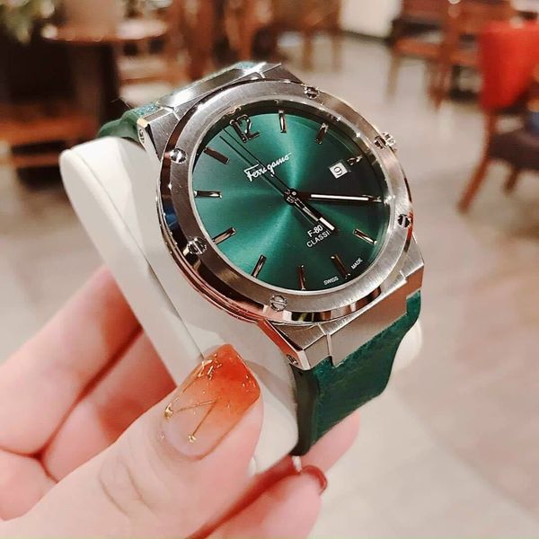 Salvatore Ferragamo F-80 Classic Green Dial Green Leather Strap Watch for Men - SFDT00519 Watches Salvatore Ferragamo   