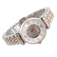 Emporio Armani Gianni T Bar Silver Skeleton Dial Two Tone Strap Watch For Women - AR1992 Watches Emporio Armani   