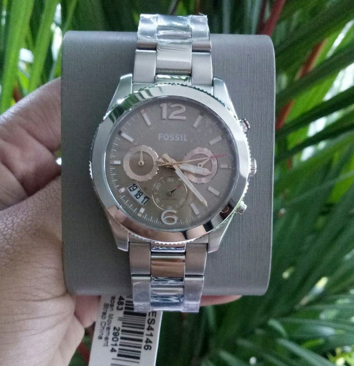 Fossil Perfect Boyfriend Taupe Dial Silver Steel Strap Watch for Women - ES4146 Watches Fossil   