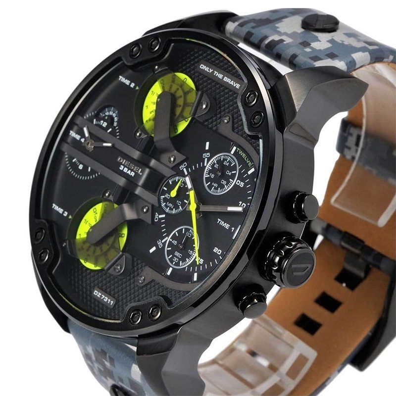 Diesel Big Daddy Chronograph Black Dial Black Leather Strap Watch For Men - DZ7311 Watches Diesel   
