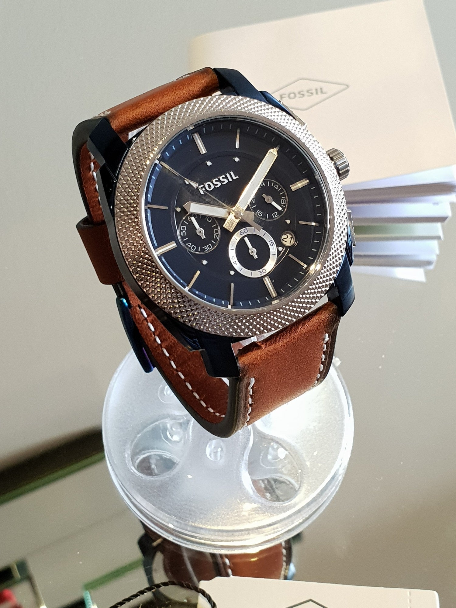 Fossil Machine Chronograph Blue Dial Brown Leather Strap Watch for Men - FS5232 Watches Fossil   