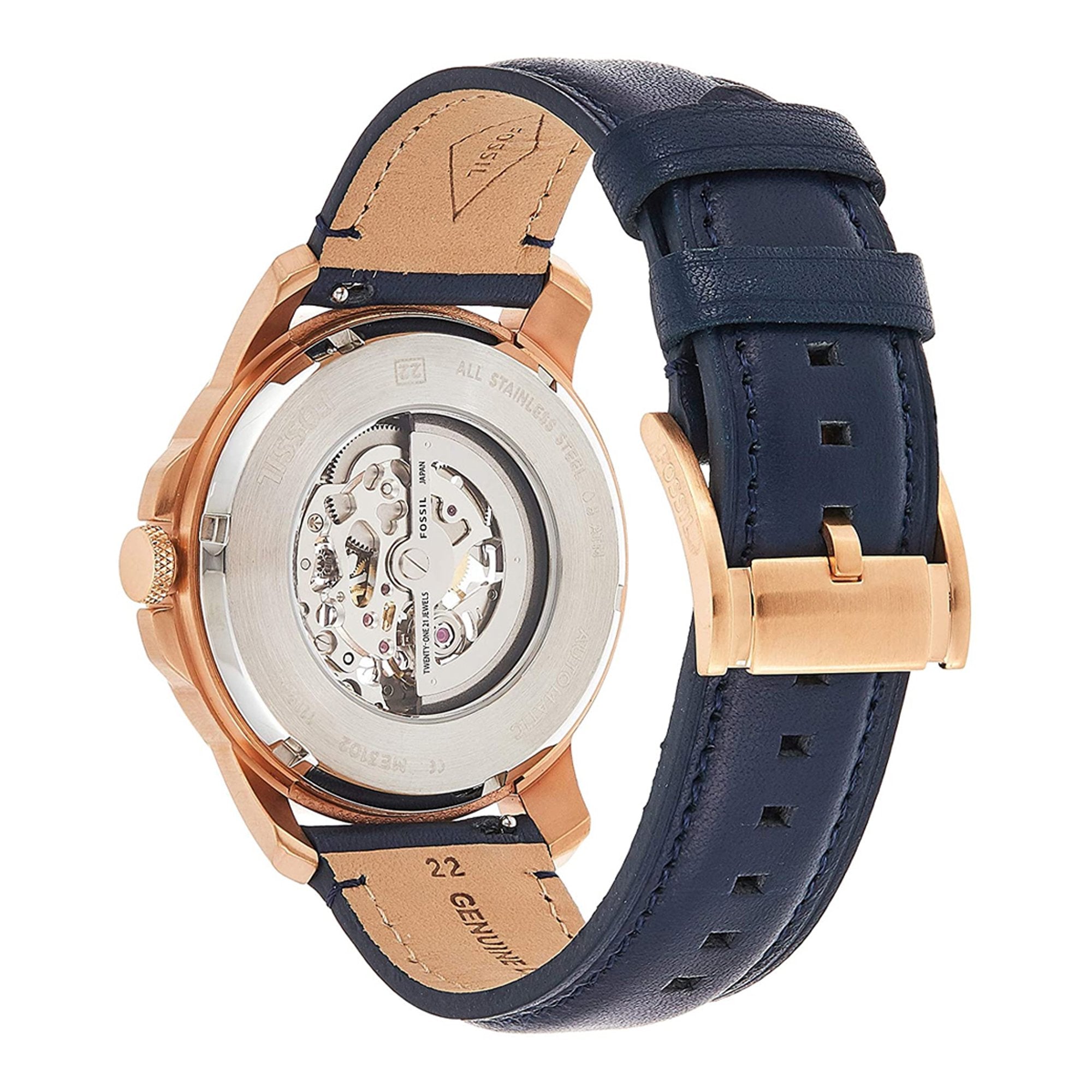 Fossil Grant Automatic Skeleton Navy Blue Dial Navy Blue Leather Strap Watch for Men - ME3102 Watches Fossil   