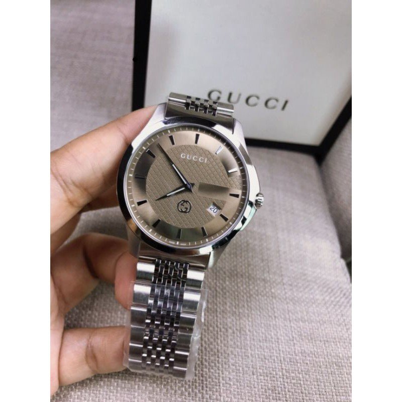 Gucci G Timeless Brown Dial Silver Steel Strap Watch For Men - YA126406 Watches Gucci   