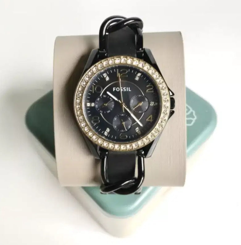 Fossil Riley Black Dial Black Leather Strap Watch for Women - ES3696 Watches Fossil   