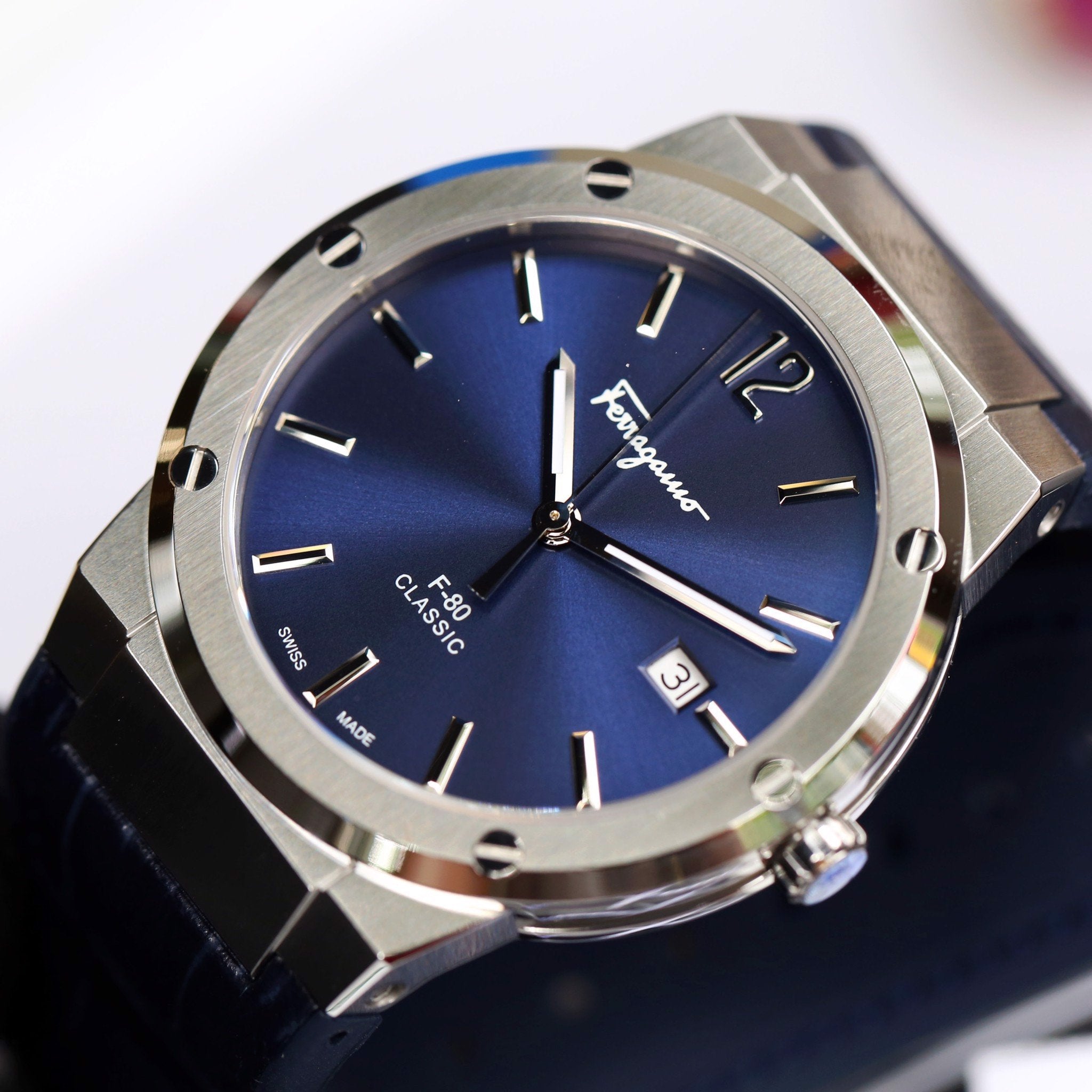 Salvatore Ferragamo F-80 Classic Blue Dial Blue Leather Strap Watch for Men - SFDT00319 Watches Salvatore Ferragamo   