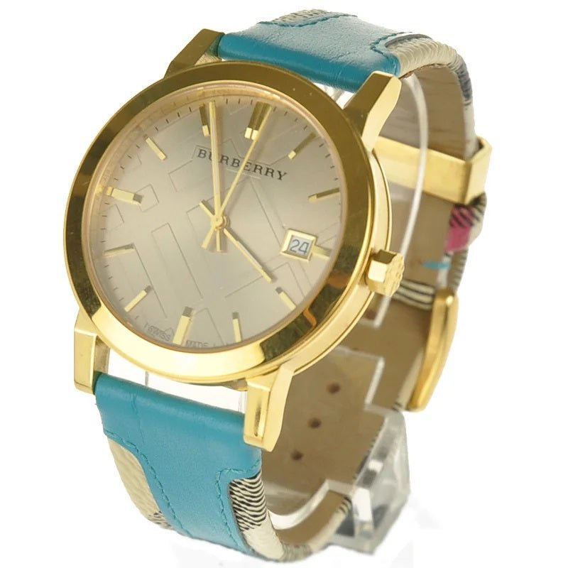 Burberry The City Gold Dial Turquoise Leather Strap Watch for Women - BU9018 Watches Burberry   