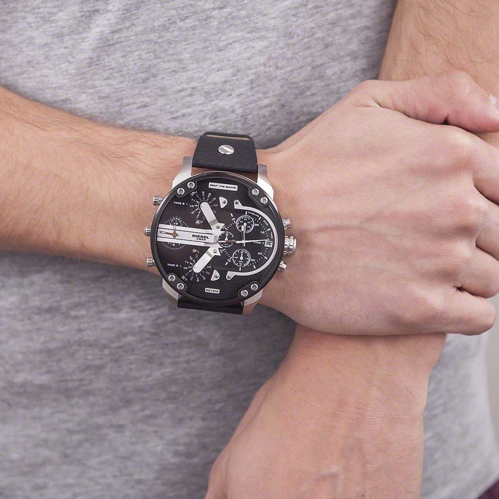 Diesel Mr Daddy Black Dial Black Leather Strap Watch For Men - DZ7313 Watches Diesel   