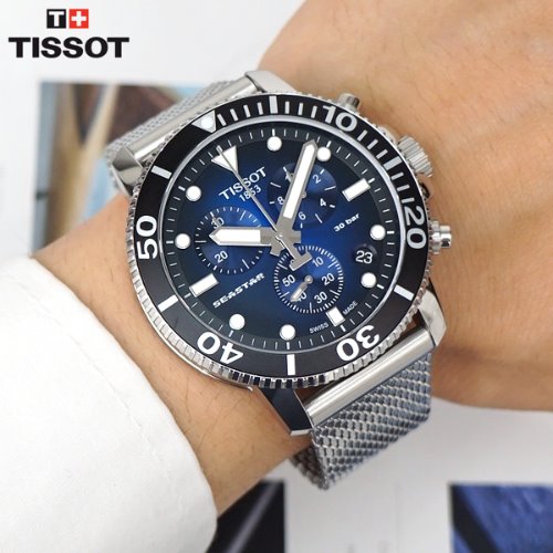 Tissot Seaster 1000 Chronograph Blue Dial Silver Mesh Bracelet Watch For Men - T120.417.11.041.02 Watches Tissot   